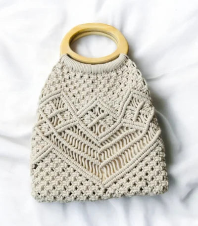 Pretty Lady Cotton Macrame boho Bag – Boho Chic Beach with White Wooden Handle