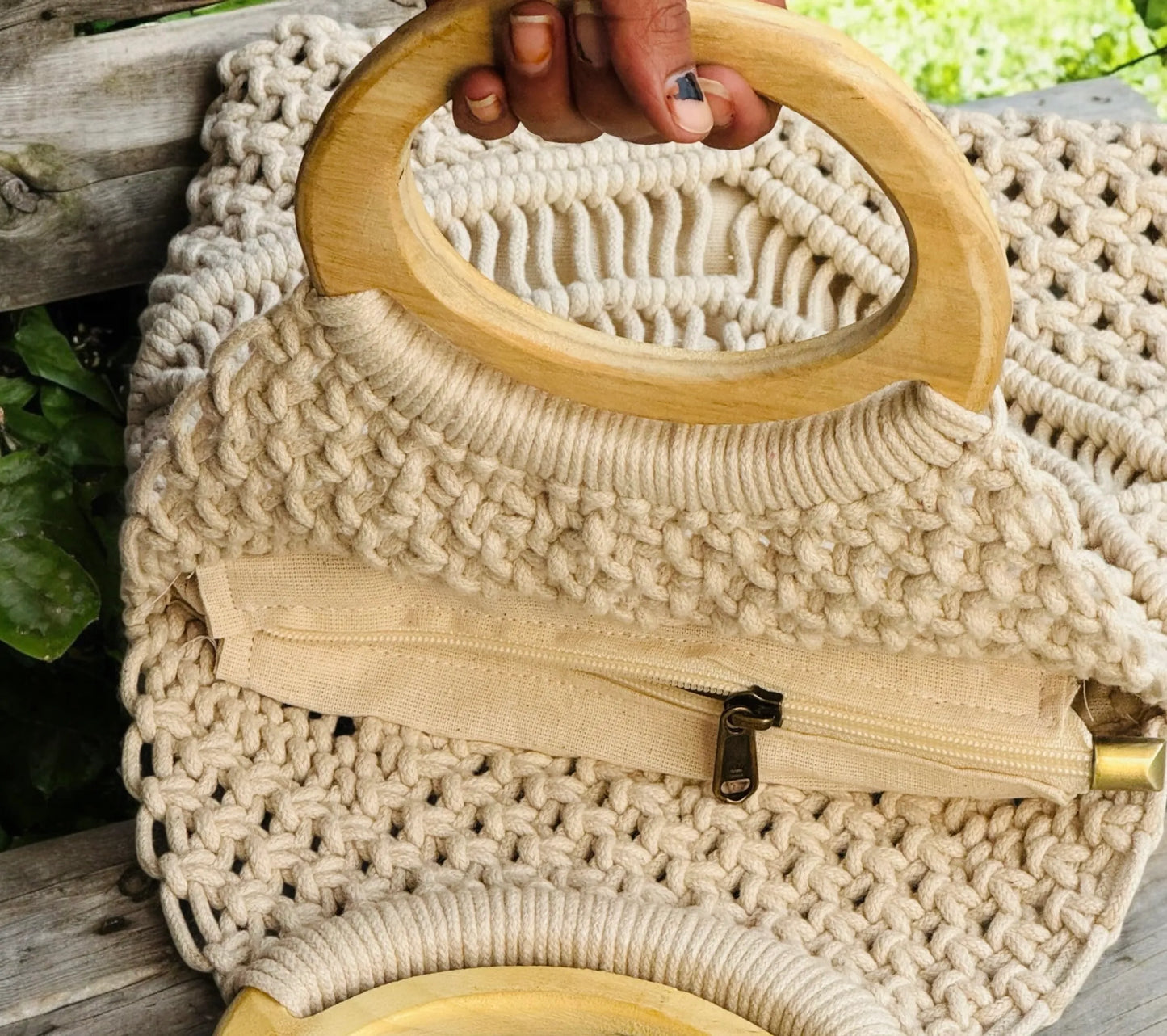 Pretty Lady Cotton Macrame boho Bag – Boho Chic Beach with White Wooden Handle