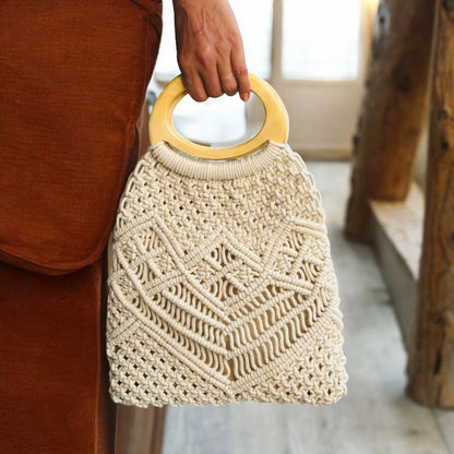 Pretty Lady Cotton Macrame boho Bag – Boho Chic Beach with White Wooden Handle
