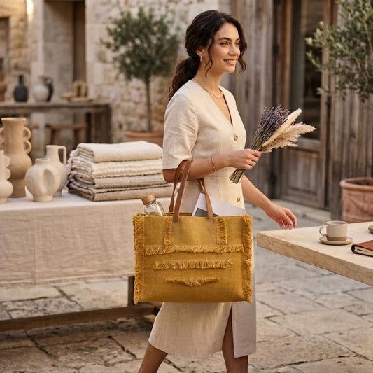 Jute Handbag with Laptop Pocket and Zipper Closure Mustard