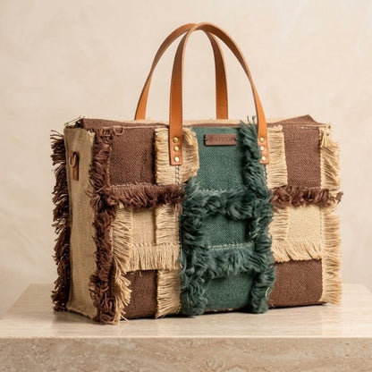 Jute Handbag with Leather Handles