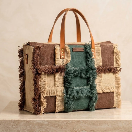 Jute Handbag with Leather Handles