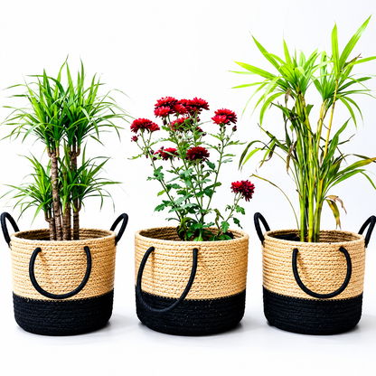 Handcrafted Woven Round Jute Planter Bag Set of 3