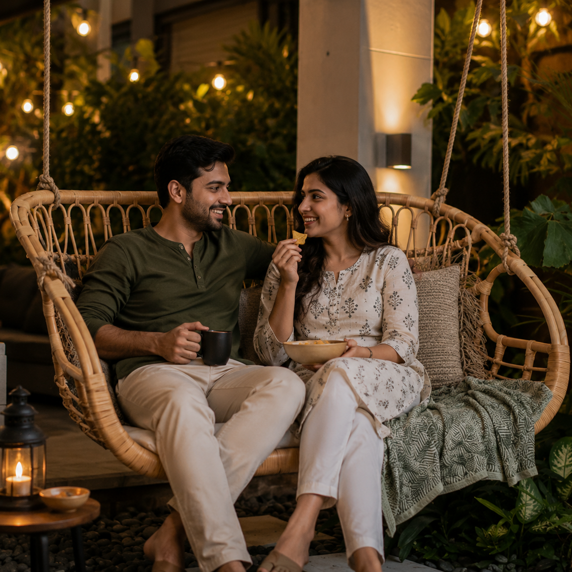 A man and a woman sit together in a woven hanging swing chair on a patio at night, surrounded by warm string lights and plants. The man wears an olive green henley shirt and beige pants, while the woman wears a cream patterned kurta and white pants, holding a bowl of food.