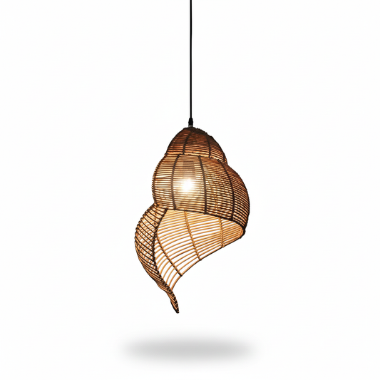 Handwoven Rattan Seashell Light – Coastal Boho Chic Pendant 12″ x 16″