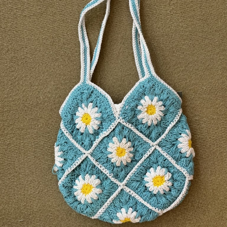 Cotton Flower Crochet Handbag for Women Light Blue