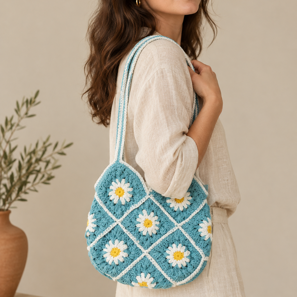 Cotton Flower Crochet Handbag for Women Light Blue