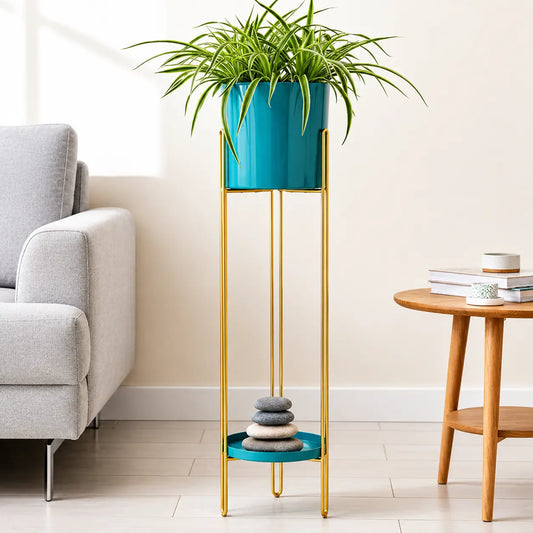 Tall Cylindrical Metal Planter with Elevated Stand