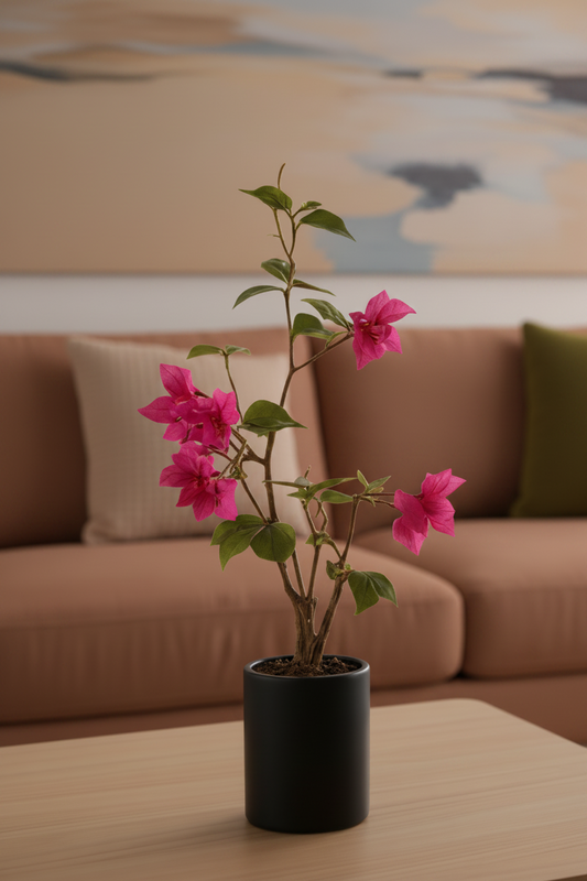 Living room with a beige sofa, coffee table, and pink flower plant.