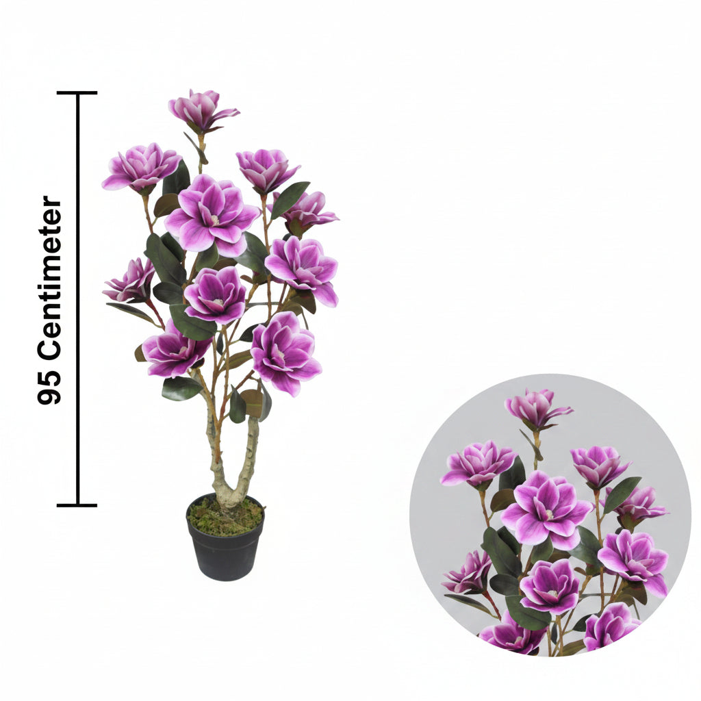 Artificial purple flower plant with a measurement label on a white background