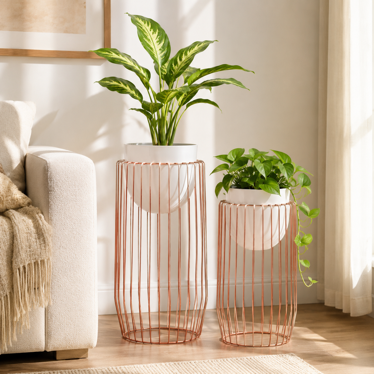 Rose Gold Metal Cage Planters Set of 2