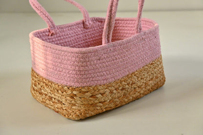 Multicolor Fabric Raffia Handmade Jute & Cotton Design Rectangular Basket.