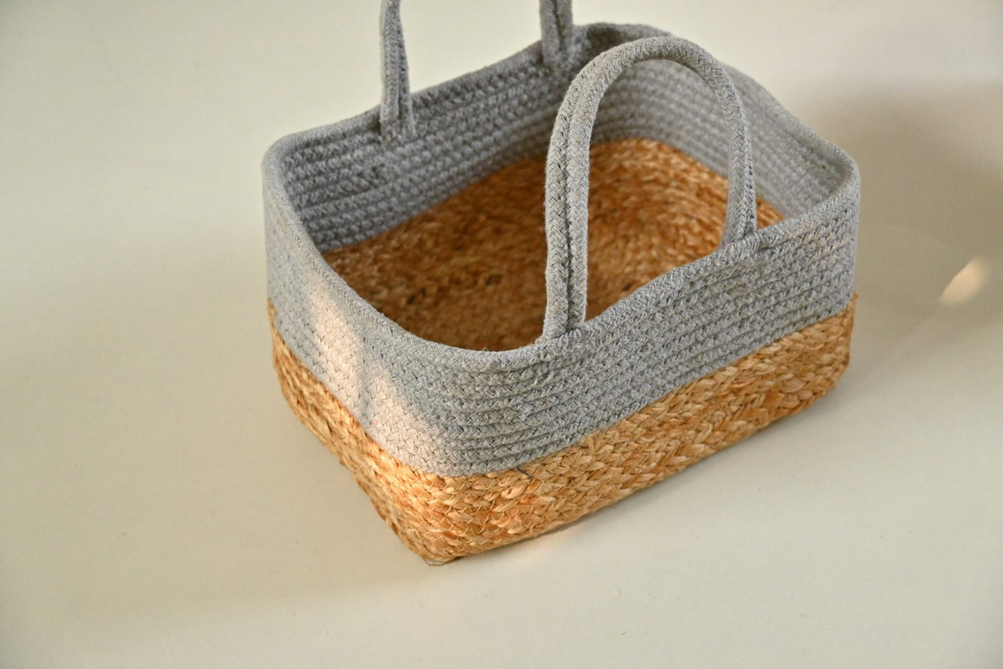 Multicolor Fabric Raffia Handmade Jute & Cotton Design Rectangular Basket.