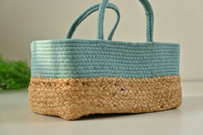Multicolor Fabric Raffia Handmade Jute & Cotton Design Rectangular Basket.