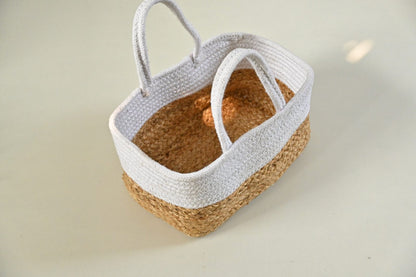 Multicolor Fabric Raffia Handmade Jute & Cotton Design Rectangular Basket.