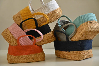 Multicolor Fabric Raffia Handmade Jute & Cotton Design Rectangular Basket.