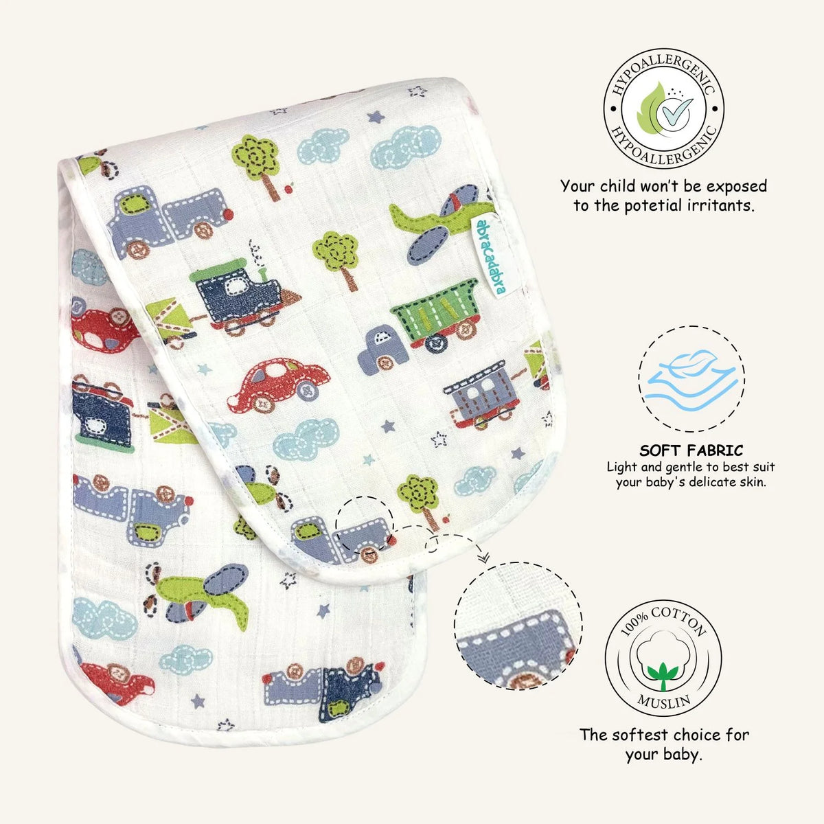 Muslin Burp Pad - Transport Print