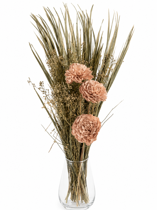 Old Pink Sola Wood Rose Bouquet Dried Reed Grass