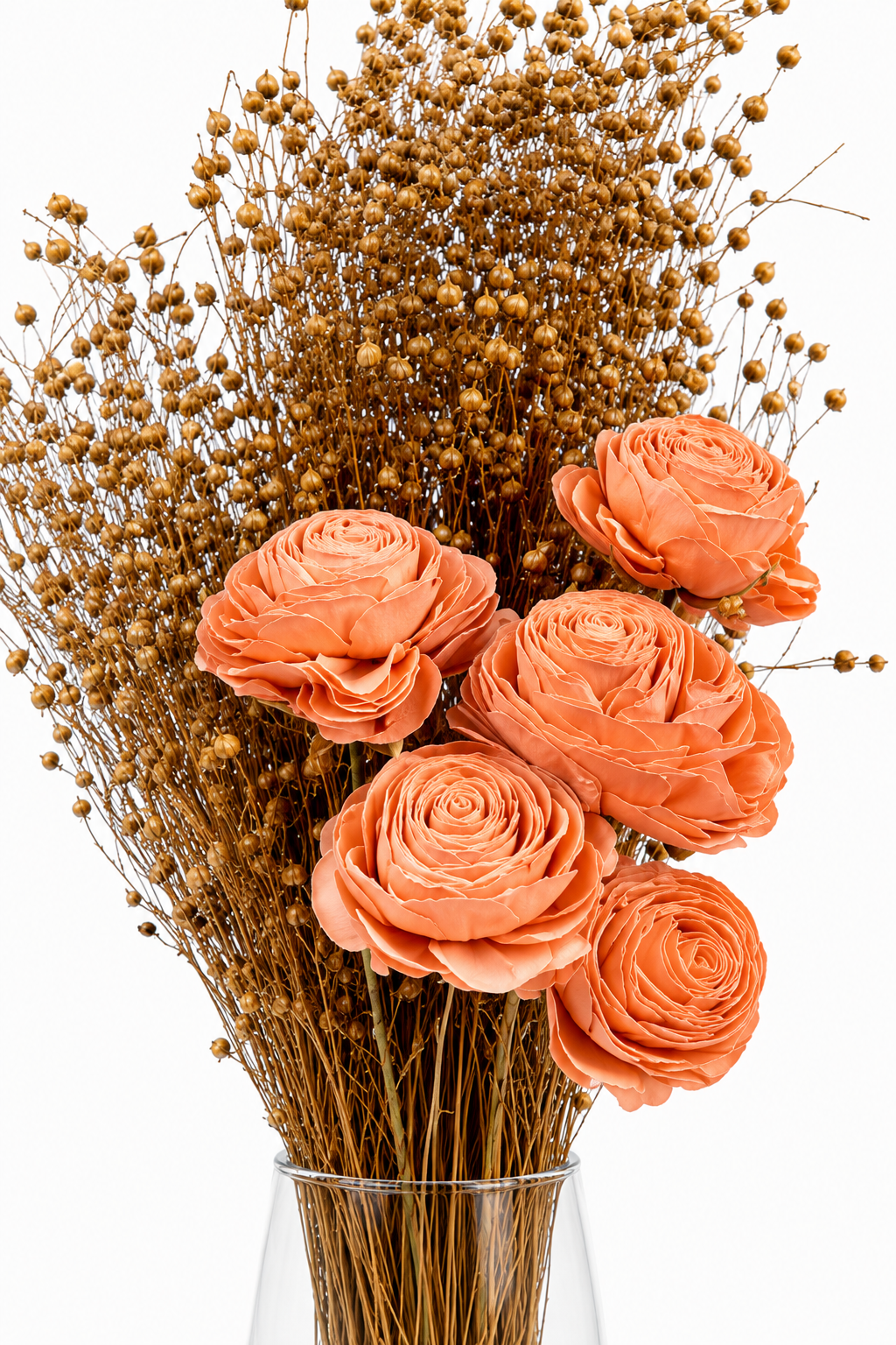 Peach Sola Wood Rose Bouquet with Dried Golden Seed Pod Stems