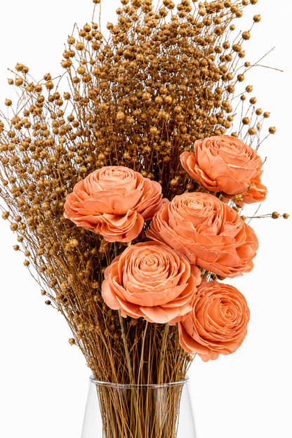 Peach Sola Wood Rose Bouquet with Dried Golden Seed Pod Stems