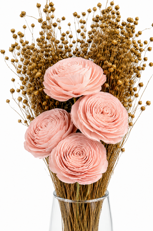 Pink Sola Wood Rose Bouquet with Dried Golden Seed Pod Stems