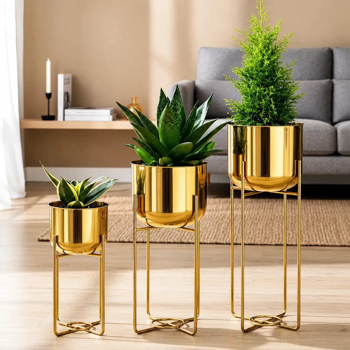 Three Cylindrical Metal Planters Modern Set of 3