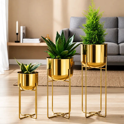 Three Cylindrical Metal Planters Modern Set of 3