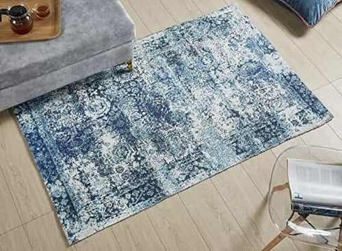 Printed Vintage Dhurrie Carpet Rug Runner Floor Mat for Living Room Bedroom: 3.5 X 5.5 Feet Blue
