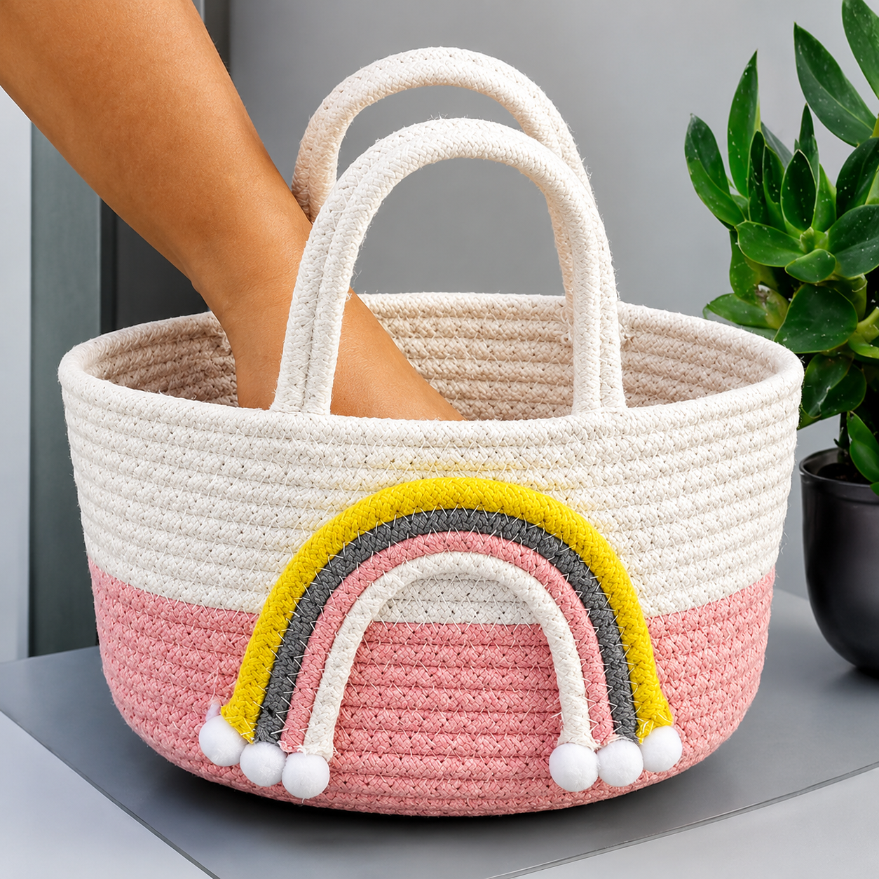 Cotton Rainbow Design Hand-Woven Basket