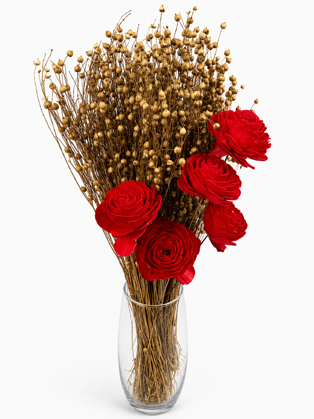 Red Sola Wood Rose Bouquet with Dried Golden Seed Pod Stems
