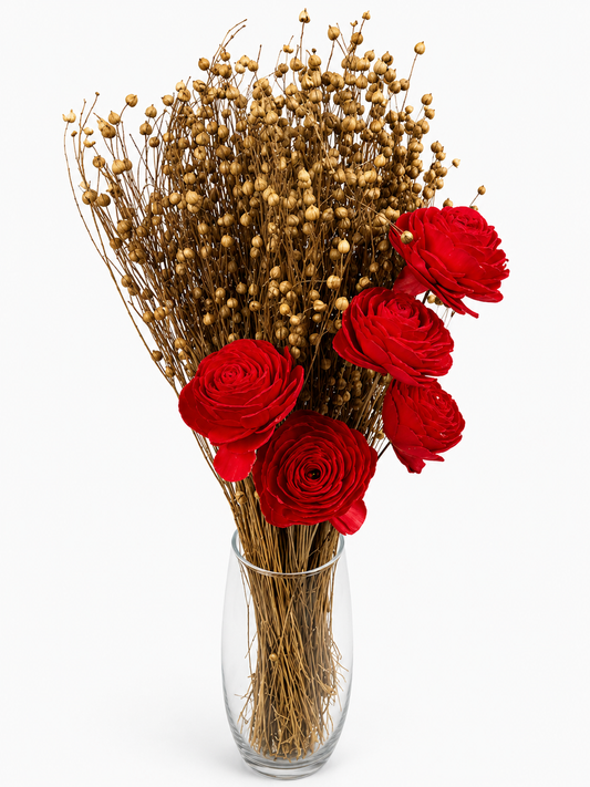 Red Sola Wood Rose Bouquet with Dried Golden Seed Pod Stems