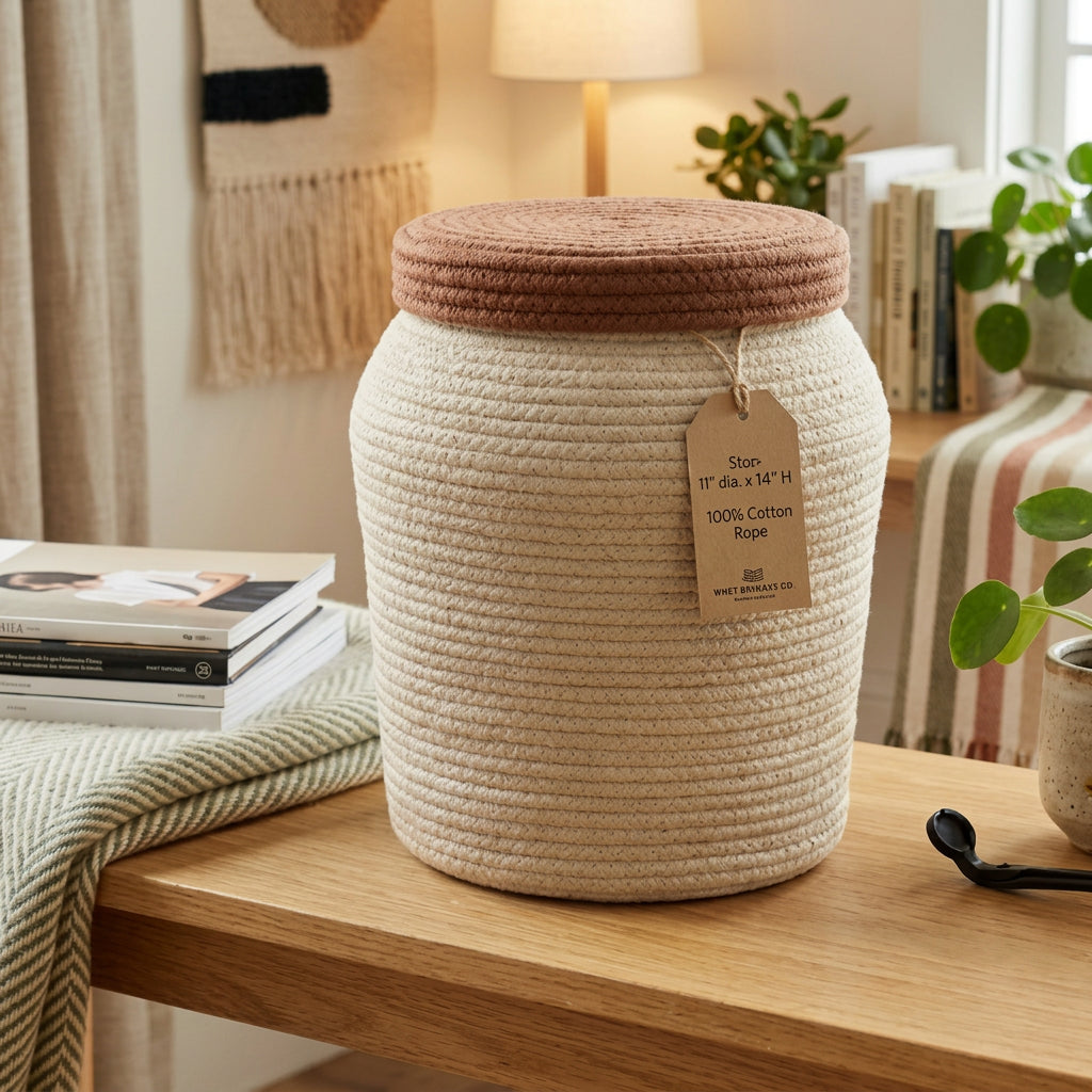 Round Cotton Rope Storage Basket with Lid
