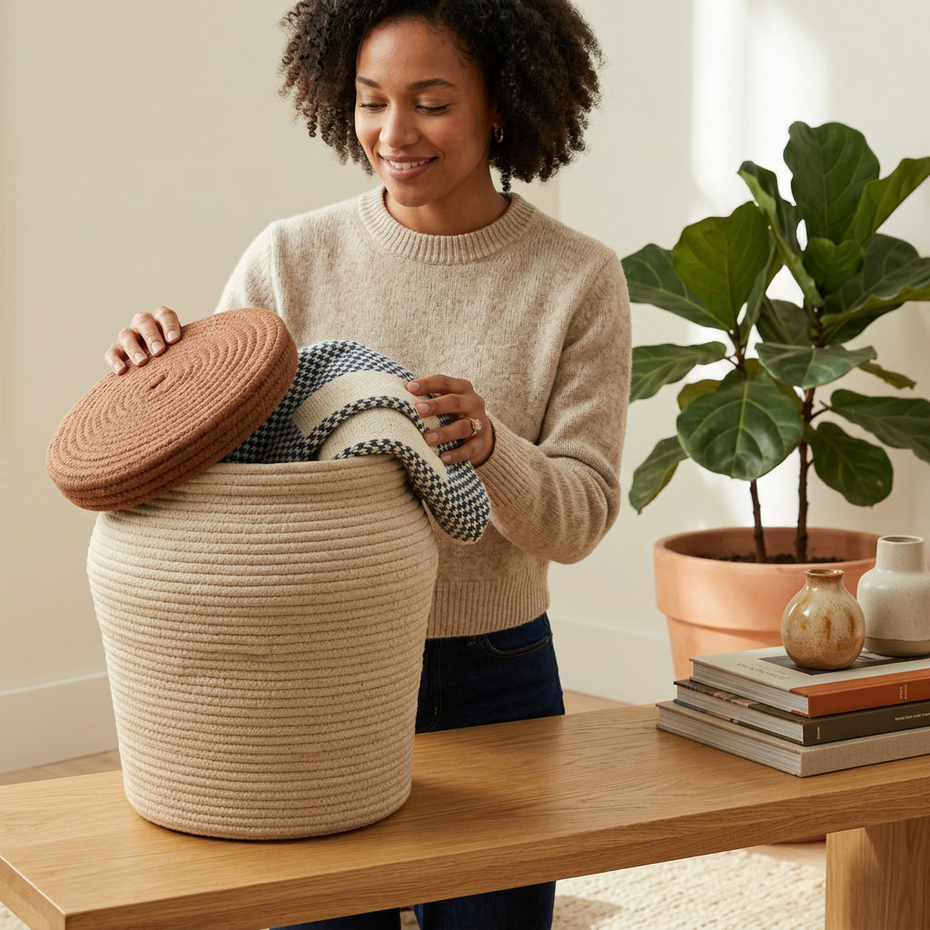 Round Cotton Rope Storage Basket with Lid