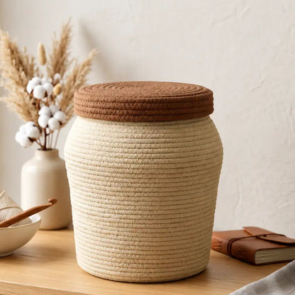 Round Cotton Rope Storage Basket with Lid