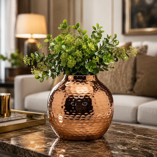 Round Hammered Metal Vase – Brass & Copper Finish