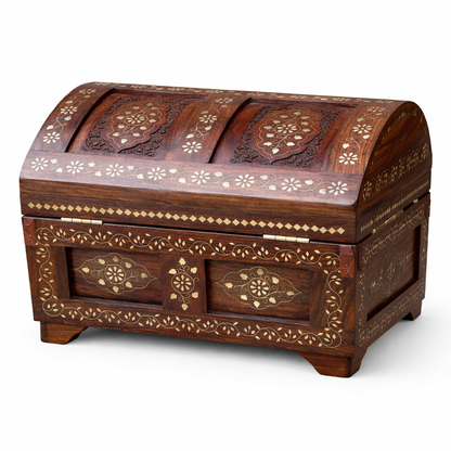 Handcrafted Sheesham Wood Treasure Chest Round Top