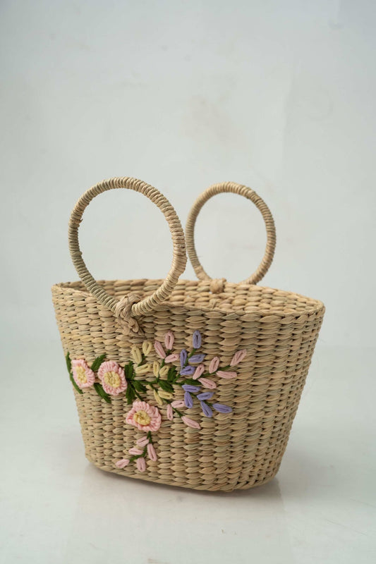 Oval Cane Handle Bag with Embroidery
