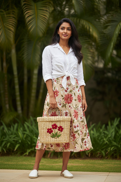 Oval Shopping Kauna Grass Bag with Floral Embroidery