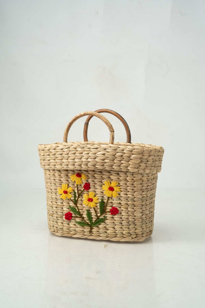 Oval Shopping Bag with Floral Embroidery