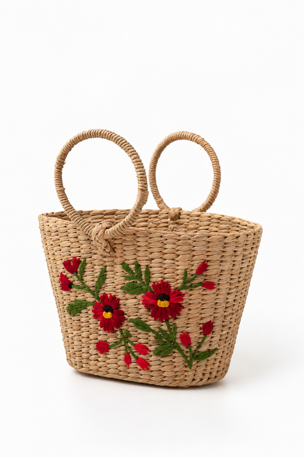 Oval Cane Handle Kauna Grass Bag with Embroidery