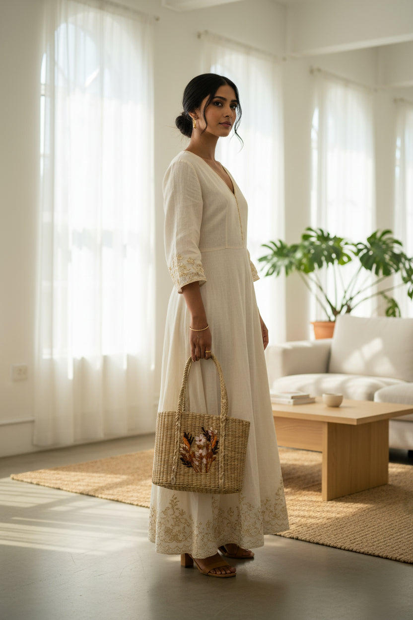 Fancy Handwoven Bag with Floral Embroidery