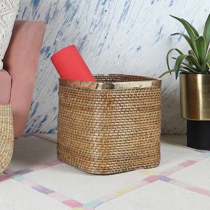 Shanaya Handcrafted Rattan Planter with Brass Finish Rim