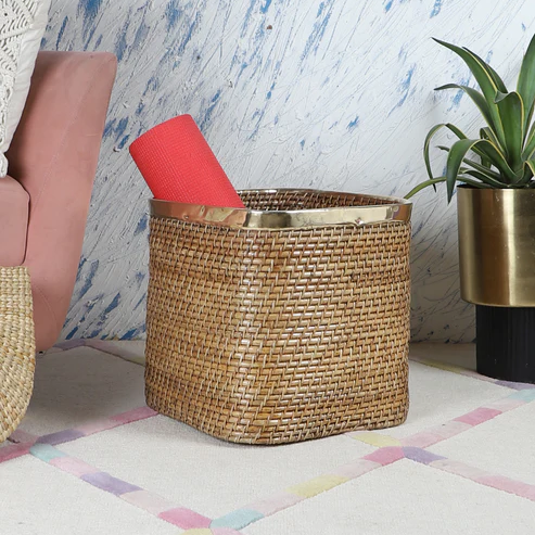 Shanaya Handcrafted Rattan Planter with Brass Finish Rim