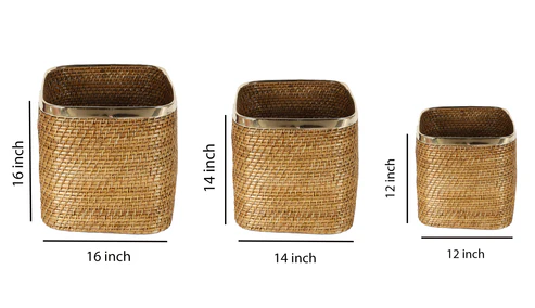 Shanaya Handcrafted Rattan Planter with Brass Finish Rim