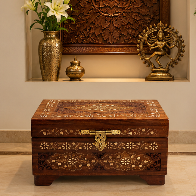Handcrafted Sheesham Wood Treasure Chest Flat top II