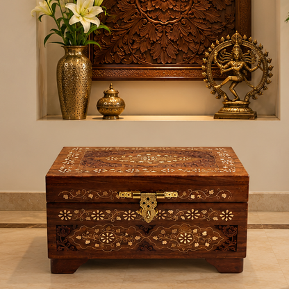 Handcrafted Sheesham Wood Treasure Chest Flat top II