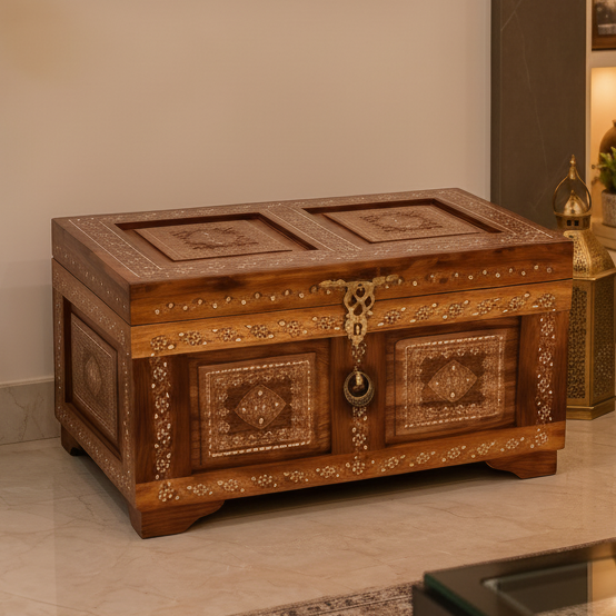 Handcrafted Sheesham Wood Treasure Chest Flat top