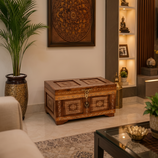 Handcrafted Sheesham Wood Treasure Chest Flat top