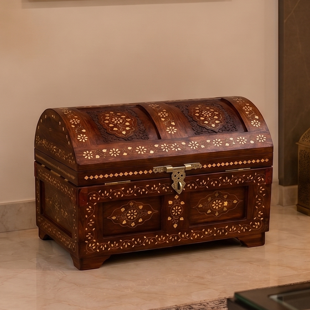Handcrafted Sheesham Wood Treasure Chest Round Top