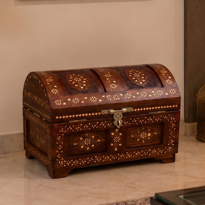 Handcrafted Sheesham Wood Treasure Chest Round Top